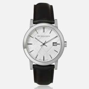 Burberry Black Leather Strap Silver Watch